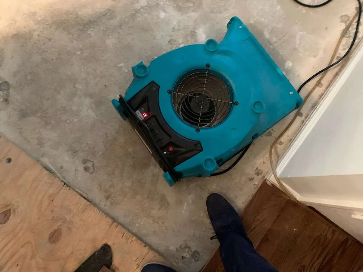 Air mover drying subfloor during Commercial Water Damage Restoration in Cresskill